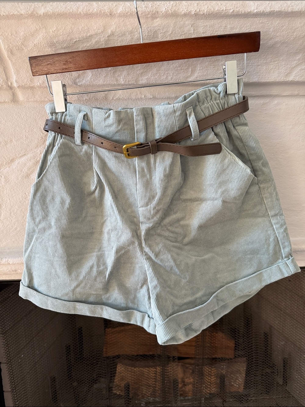 Light Blue/green Corduroy Women's Paperbag Shorts